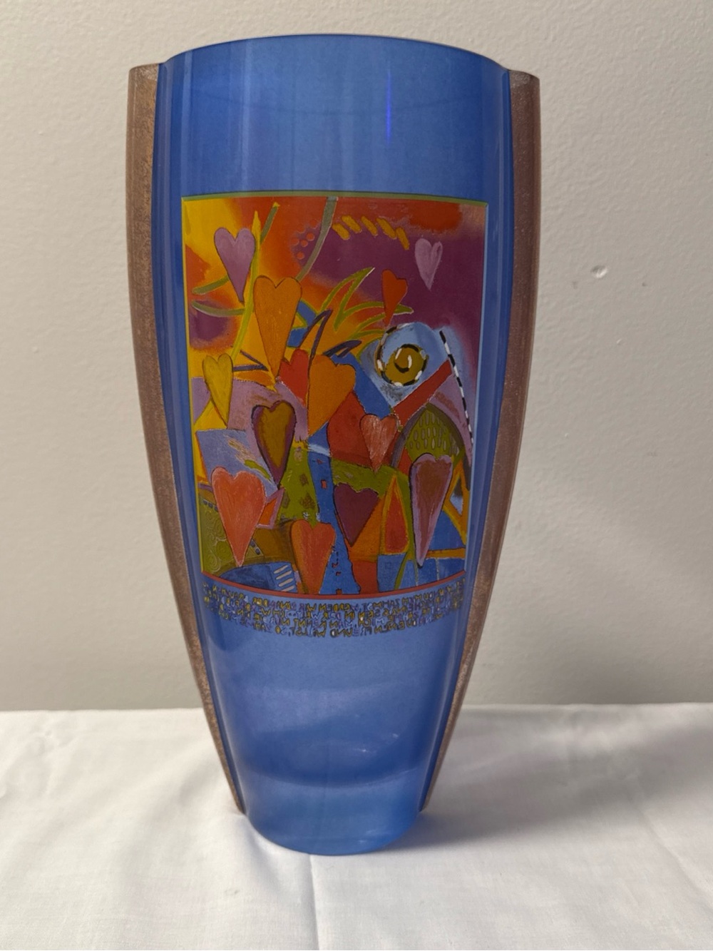 Goebel Blue Glass Vase with Multicolor Heart Motif signed MARA! 30cm tall